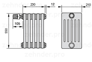 Схема (чертеж) Радиатор Zehnder Charleston 6055/5 №V011 Белый глянцевый RAL 9016